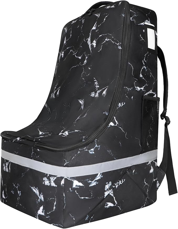 Car Seat Travel Bag for Airplane,Infant Seat Travel Bag with Shoulder Strap,Padded Car Seats Backpack with Reflective Stripes,Large Carseat Carrier Bag Travel Car Seat Cover, Black marble-BubblyBeeBaby