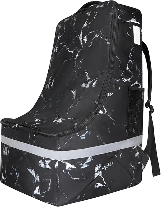 Car Seat Travel Bag for Airplane,Infant Seat Travel Bag with Shoulder Strap,Padded Car Seats Backpack with Reflective Stripes,Large Carseat Carrier Bag Travel Car Seat Cover, Black marble-BubblyBeeBaby