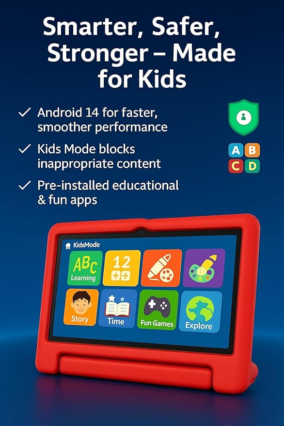 10.1 Inch Kids Tablet with Shockproof Case | Android 14, 64GB+8GB RAM, 12H Battery | Parental Control, Google Kids Space & Preloaded Educational Apps | WiFi 6, HD Display, Ages 3-12-BubblyBeeBaby