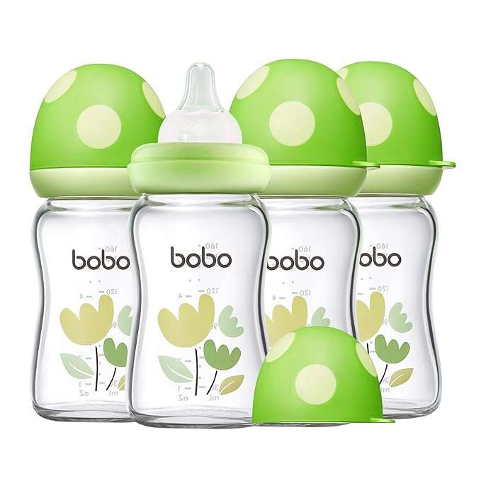 YOHKOH Natural Glass Baby Bottle with Natural Response Nipple, Newborn Anti-Colic Baby Bottles, Wide Neck Mushroom Cap Baby Bottle, Clear (Green, (5.4oz (Pack of 4))-BubblyBeeBaby