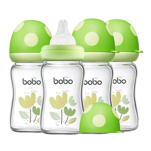YOHKOH Natural Glass Baby Bottle with Natural Response Nipple, Newborn Anti-Colic Baby Bottles, Wide Neck Mushroom Cap Baby Bottle, Clear (Green, (5.4oz (Pack of 4))-BubblyBeeBaby