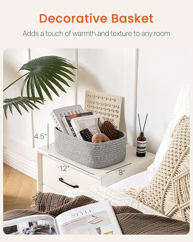 KALLAX Small Woven Basket, 12 x 8 x 4.5 Inches, Storage Basket for Organizing, Cute Small Rope Shelf Closet Cube Storage Bins Baskets for Shelves, Dog Toy Gift Baskets Empty, 3 Packs, Mixed Grey-BubblyBeeBaby
