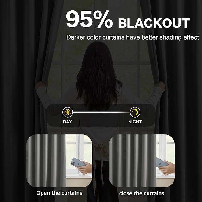 KEQIAOSUOCAI Blackout Pleated Curtains 105 Inches Long, Privacy Window Drapes for Living Room/Dining Room/Bedroom, 72 Inch Wide x 105 Inch Long,Grey Color, Pinch Pleat with Hooks, 2 Panels-BubblyBeeBaby