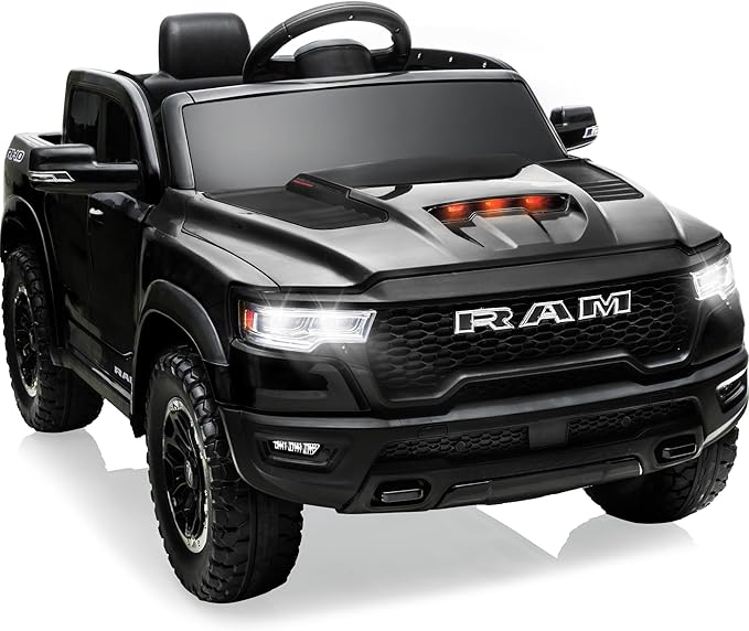 12V Licensed Ram 1500 Ride on Toy for Kids, Toddler Ride on Pickup Truck with Parent Remote Control, Electric Car for Kids with Truck Bed Storage, 3 Point Safety Belt (Black)-BubblyBeeBaby