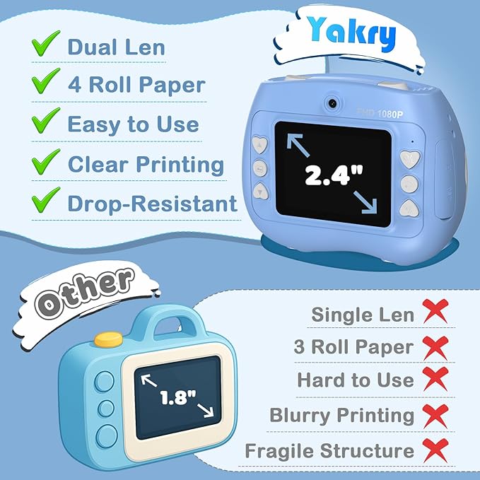 Instant Print Camera for Kids - Front Rear Dual Selfie Kid Print Camera, Fun Birthday Gift for Boys Ages 3-12, HD Digital Video Cameras, Easy to Use for Toddler - Blue-BubblyBeeBaby