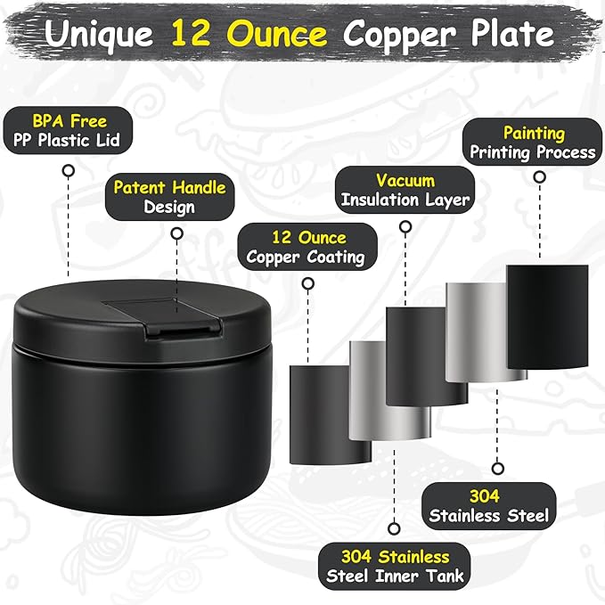 12oz Insulated Vacuum Food Jar with Buckle Lid Wide Mouth Soup Thermo for Hot Food Kids Leakproof Stainless Steel Lunch Container- Black- 1Pack-BubblyBeeBaby