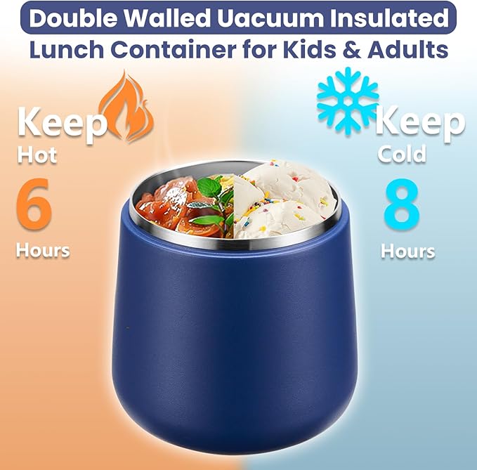 20oz Insulated Vacuum Food Jar with Buckle Lid,Soup Thermo for Hot Food Kids,Wide Mouth Leakproof Stainless Steel Lunch Container with Spoon-Blue-BubblyBeeBaby