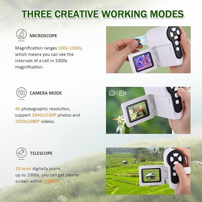 1000X Handheld Microscope for Kids, 4K 2.0" Screen Mini Pocket Microscope with 6 Adjustable LED Lights, Edu Science Birthday Gifts for Kids Ages 8-12, 32G SD Card Included-BubblyBeeBaby