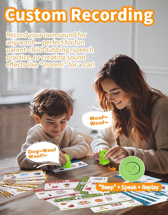 Interactive Dinosaur Talking Pen for Kids – Montessori Reading Toy with Phonics Flash Cards for Toddlers Ages 1-6, Speech Therapy & Autism Sensory Gift (Green, Phonics)-BubblyBeeBaby