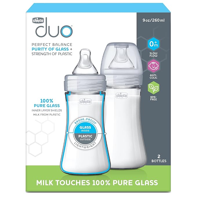 Chicco Duo 9oz. Hybrid Baby Bottle with Invinci-Glass Inside and Plastic Outside | Dishwasher, Bottle Warmer, and Electric Sterilizer Safe | Intui-Latch Nipple | Clear/Grey, 2pk-BubblyBeeBaby