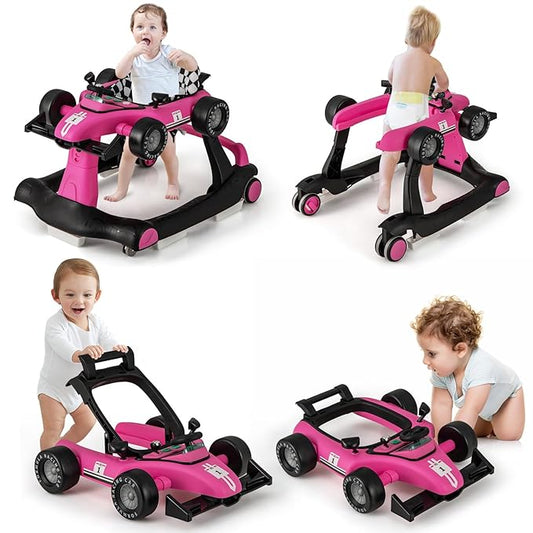 HONEY JOY 4-in-1 Baby Walker, Activity Push Walker w/3 Adjustable Heights, Smooth Wheels w/Adjustable Speed, Padded Seat, Music & Light, Foldable Car Walker for Baby Boys Girls Age 6 Months+ (Pink)-BubblyBeeBaby