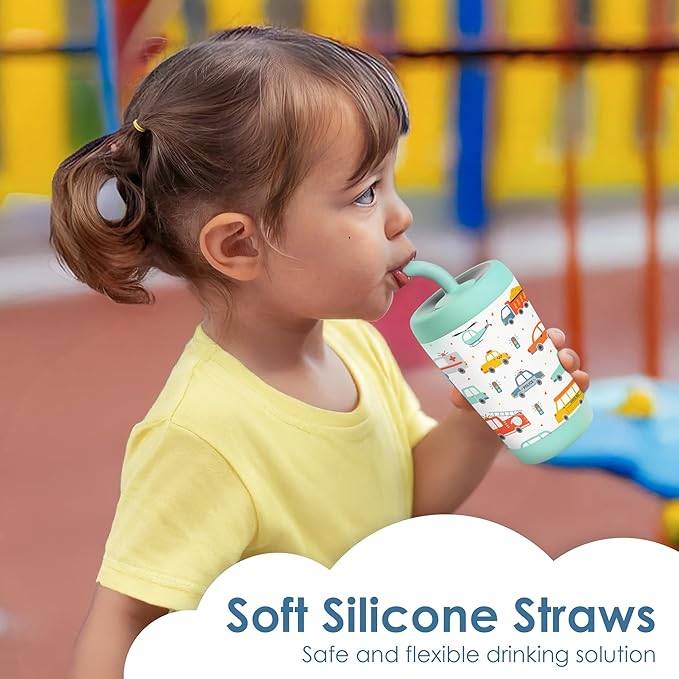 Kid Insulated Stainless Steel Tumbler with Silicone Straw, 12oz Sippy Cup for Kids (Transportation)-BubblyBeeBaby