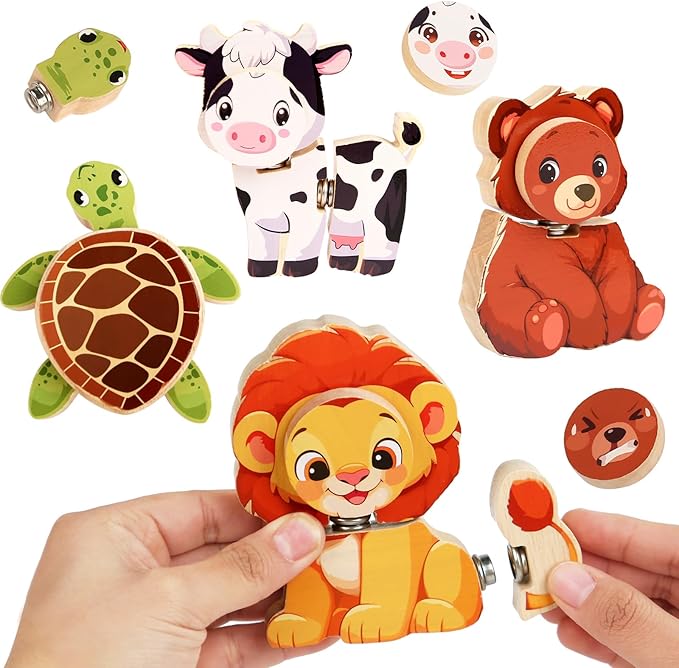 HUZU Animal Snap Wooden Building Blocks – Fun & Educational Puzzle Toy for Kids Aged 3-8, Features Cow, Bear, Lion and Turtle, Matching Game with Interchangeable Animal Faces & Emotions-BubblyBeeBaby