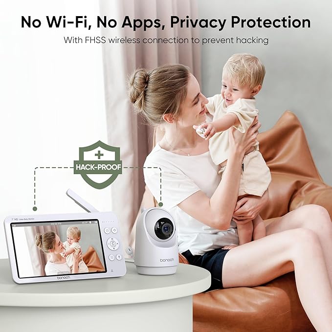 bonoch MegaView Baby Monitor with 2 Cameras, 7" 720P HD Split Screen Baby Monitor No WiFi, Video Monitor with Camera and Audio, 6000mAh, VOX Mode, 2 Way Audio, Remote PTZ, Night Vision-BubblyBeeBaby