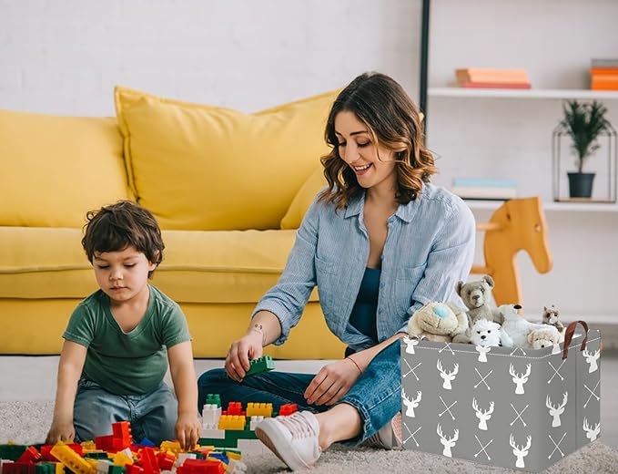HIYAGON Baby Basket Cute Toy Bin for Boys and Girls Kids Storage Bin Organizer Box Gift Basket Empty Rectangular Deer Room Decor for Home(Grey deers)-BubblyBeeBaby