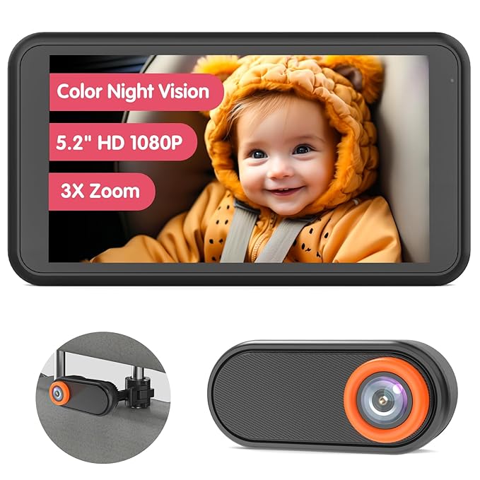 BM2 Car Camera for Baby, 5.2" 1080P Screen with 3X Zoom, Clear Rear-Facing View, 360° Rotating Lens, Easy Installation – Safety for Infants and Pets-BubblyBeeBaby