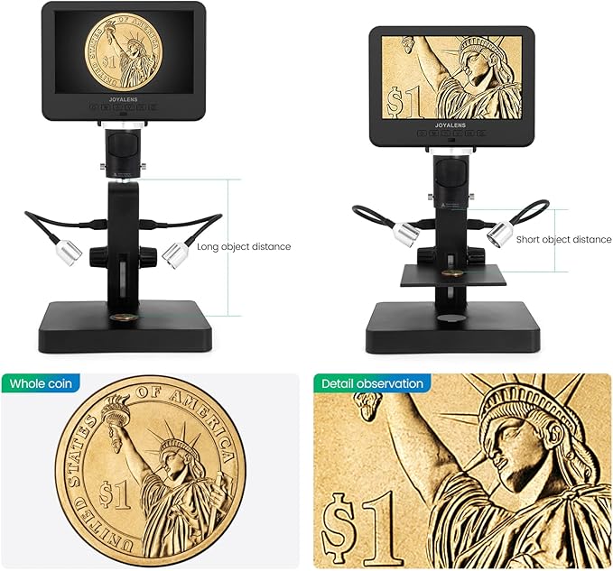 JL246P 3 Lens 7'' LCD Digital Microscope 1000X, Biological Microscope with Prepared Slides for Adults and Kids,12MP for Coin Microscope Full Coin View, 32G Card, Multiple Lights-BubblyBeeBaby