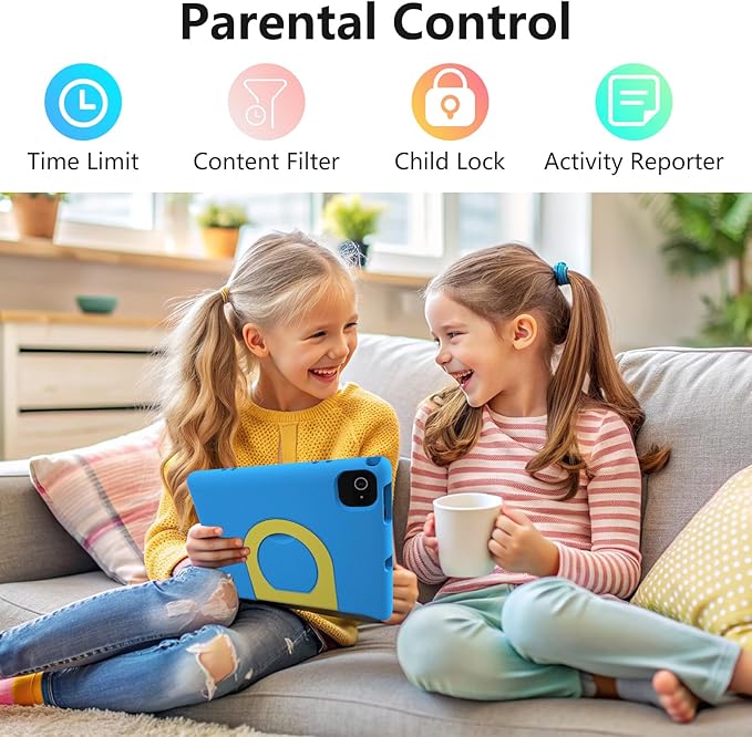 JREN Kids Table 10.1" ｜Android 14 Tablet for Kids｜64GB Storage｜Octa-Core｜WiFi ｜Cameras｜Parental Control｜Kids Content｜Case Included Great Gift for Children Ages 3-12 Years Old Blue-BubblyBeeBaby