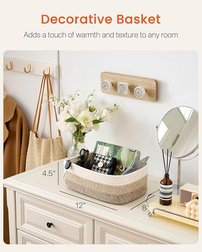 KALLAX Small Woven Basket, 12 x 8 x 4.5 Inches, Storage Basket for Organizing, Cute Small Rope Shelf Closet Cube Storage Bins Baskets for Shelves, Dog Toy Gift Baskets Empty, 3 Pack Gradient Brown-BubblyBeeBaby