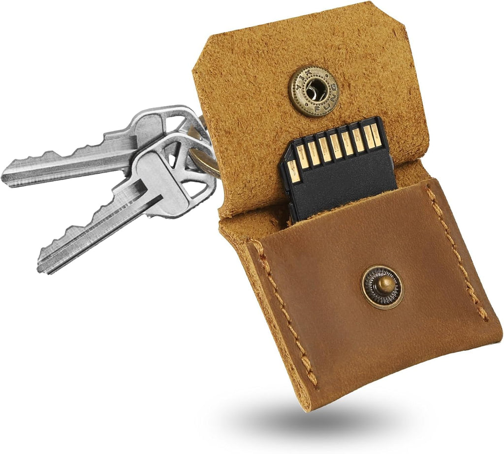Jack&Chris Genuine Leather SD Card Holder Keychain, Anti-Shock Anti-Dust SD Card Case, Portable Camera Accessories for SD CF CFexpress Micro SD Nano SIM and Micro SIM Cards, Yellow Brown