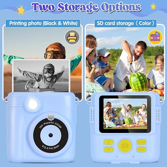 Instant Print Camera for Kids - 2.4 Inch Kids Camera Instant Print with Paper & 32G Card- Digital Children Toys as Christams Birthday Gifts for Girls Boys Age 3-12 - Blue-BubblyBeeBaby