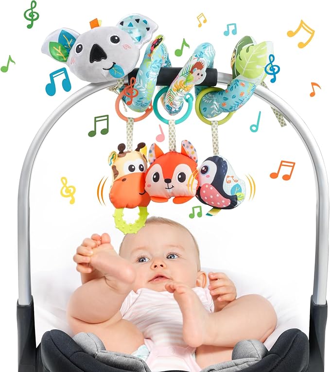 Jollybaby Crib Stroller Car Seat Toys for Baby 0-3-6-9-12 Months, Tummy Time Hanging Sensory Toys for Newborn with Music Box and Teether, Spiral Carseat Toy for Infant Boys Girls Gifts (Grey)-BubblyBeeBaby