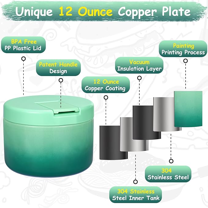 12oz Insulated Vacuum Food Jar with Buckle Lid Wide Mouth Soup Thermo for Hot Food Kids Leakproof Stainless Steel Lunch Container (Gradient Green, 12OZ)-BubblyBeeBaby