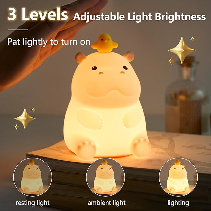 Hippo Night Light, Cute Silicone Squishy LED Lamp, Dimmable Nursery Nightlight, Rechargeable Bedside Table Lamp with Touch Sensor, Gifts for Bedrooms,Living Room,Breastfeeding-BubblyBeeBaby