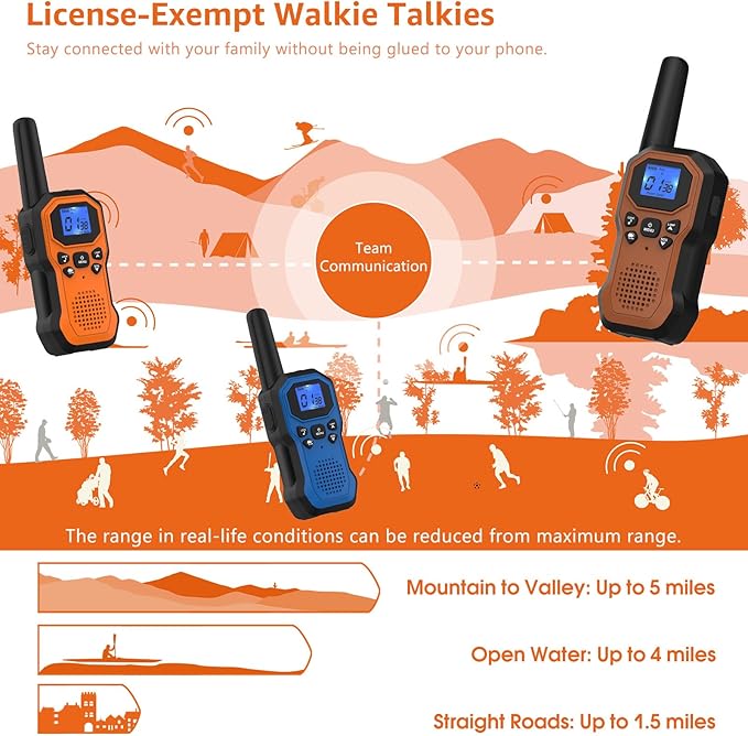 2 Way Radios for Adults Long Range Walkie Talkies for Kids Rechargeable 4 Pack, Camping Hiking Skiing Cruising Gear with Lamp, USB-C, SOS Siren, NOAA Alert, iVOX Hands-Free, One-Touch Pairing-BubblyBeeBaby