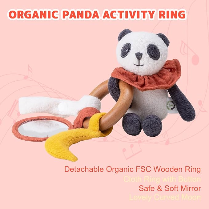 Organic Cotton Stuffed Animal Rattle Baby Toys, Organic Panda Cuddle Cloth & Organic Panda Activity Ring Plush Toy Set for Newborns Infant Boys Girls, 2 PCS-BubblyBeeBaby