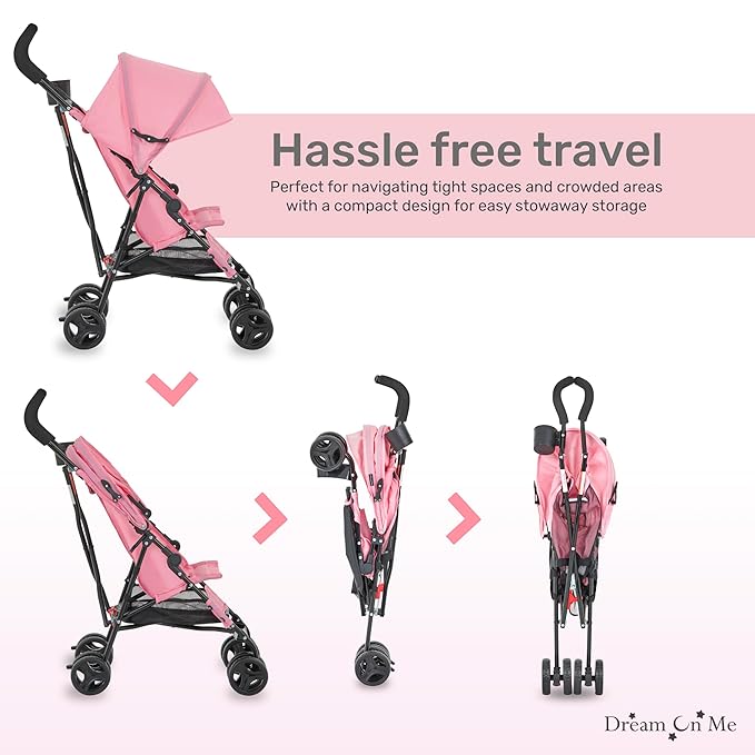Dream On Me Rover Convenience Baby Stroller in Pink, Lightweight & Compact Umbrella Stroller, Easy one-Hand fold Travel Stroller, Lockable Rear Wheels, Removable & Adjustable Canopy-BubblyBeeBaby