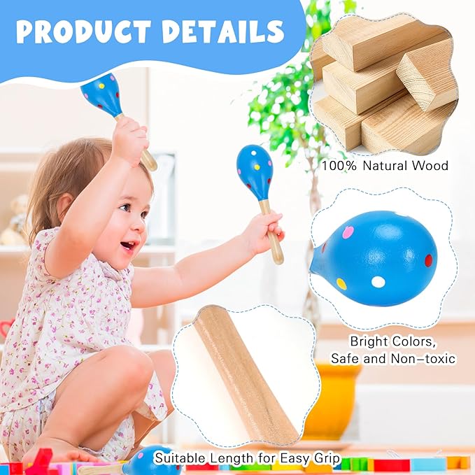 2 Pcs Maracas, Hand Percussion Rattles for Kids, Wooden Rumba Shaker Hand Musical Instruments with Clear Rhythm for Kids Adults Playing (Blue)-BubblyBeeBaby