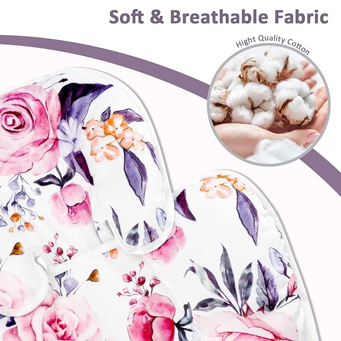 Pea Pod Baby Car Seat Head Support for Newborn, 2 in 1 Infant Car Seat Head Body Support for Girls Extra Soft Breathable Baby Car Seat Cushion Insert for Strollers, Swings, and Bouncers, Pink Floral-BubblyBeeBaby