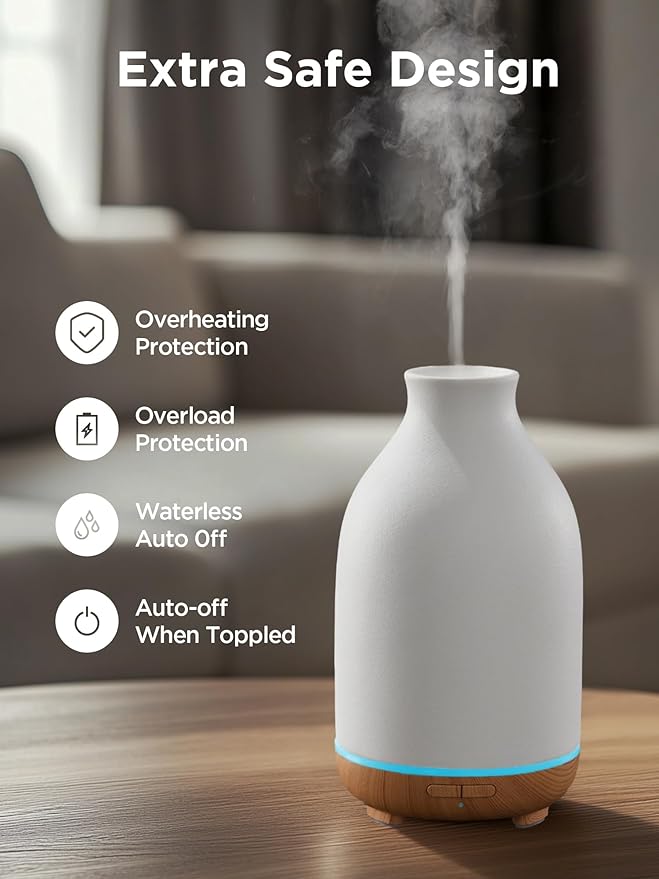 InnoGear Essential Oil Diffuser, 150ml Ceramic Stone Diffuser Handcrafted Aromatherapy Diffusers Ultrasonic Cool Mist Humidifier Vaporizor with 2 Mist Modes Waterless Auto Off for Room Office, White-BubblyBeeBaby