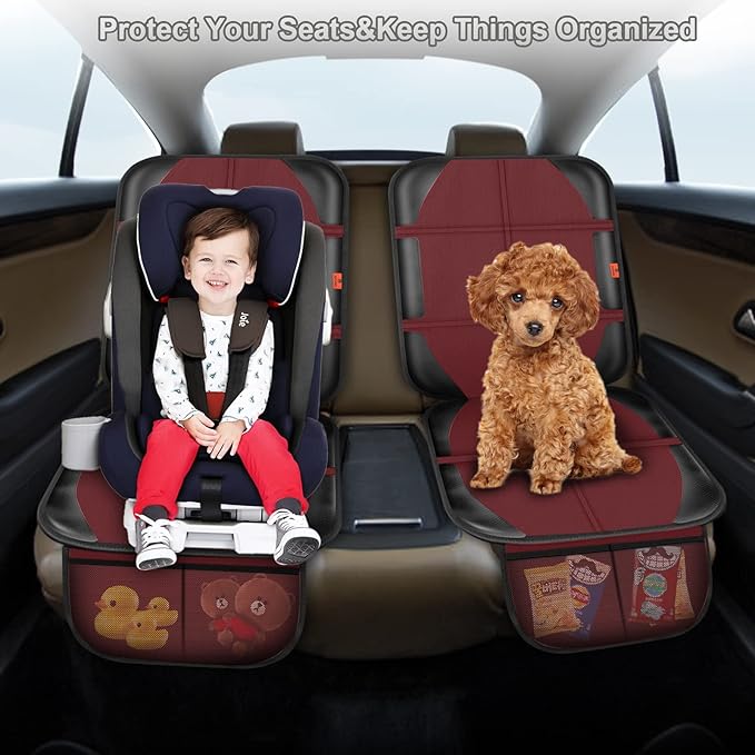 Car Seat Protector,2 Pack Automotive Seat Protectors Baby Carseat Pad Waterproof Durable 600D Fabric for Child Baby Car Seat Mat Vehicle Pet Cover 2 Storage Pockets (Wine Red)-BubblyBeeBaby