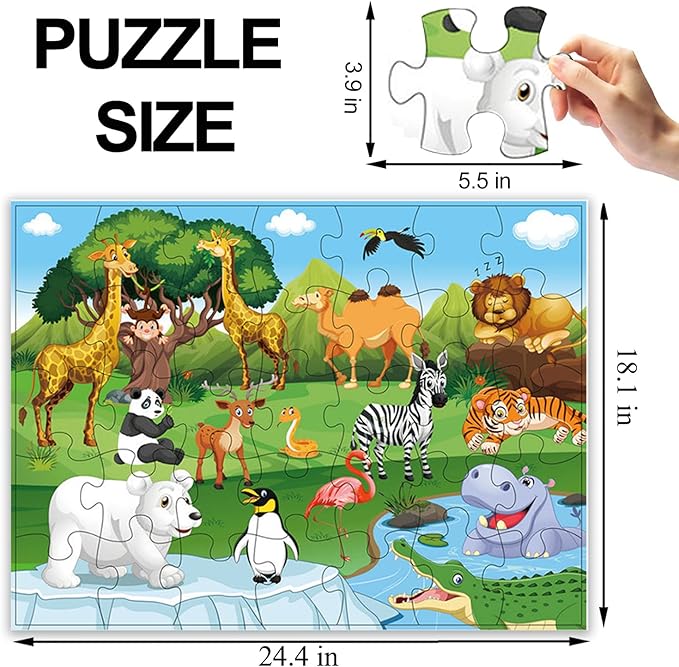 Jumbo Floor Puzzle for Kids, Large Jigsaw Puzzles 35 Piece for Kids Ages 3-5,Preschool Learning & Education Toys, Gifts for 4-8 Year Old Boys and Girls (Grassland Animal)-BubblyBeeBaby
