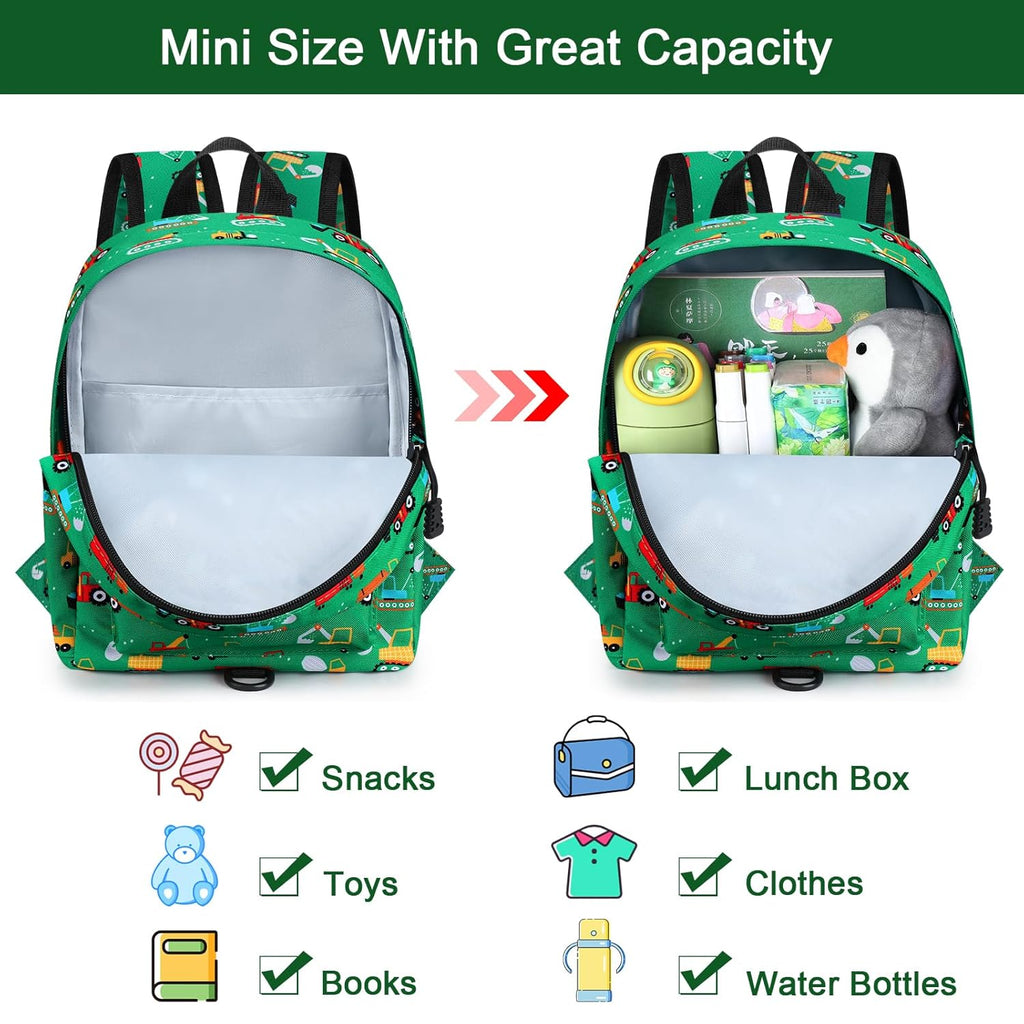 Accmor Toddler Backpack with Leash, Cute Baby Backpack with Anti Lost Wrist Link, Mini Kids Backpack Leash Walking Harness for Travel, Small Excavator Backpack Tether for Boys Girls Ages 1-3 (Green)