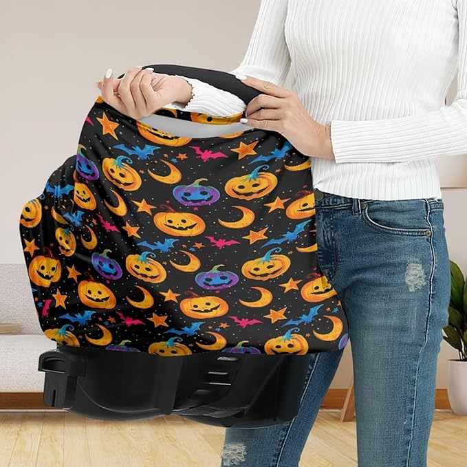 Binienty Galaxy Pumpkin Bats Moon Car Seat Covers for Babies, Halloween Decoration,Halloween Pumpkin Nursing Cover Breastfeeding Scarf, Stretch Baby Carseat Canopy-BubblyBeeBaby