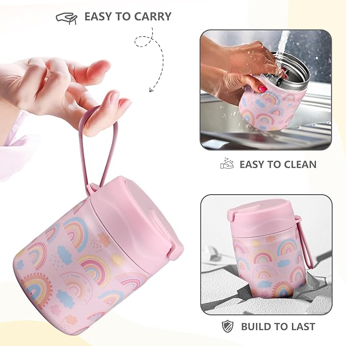 17oz Soup Thermo for Hot Food Kids Insulated Vacuum Food Jar with Stainless Steel Spoon Wide Mouth Thermo Leakproof Lunch Food Container Kids Hot Lunch Box (Pink-Rainbow)-BubblyBeeBaby