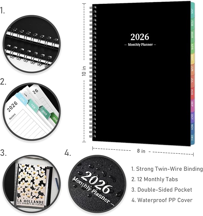 2026 Monthly Planner - 2026 Planner/Calendar, JAN 2026 - DEC 2026, Monthly Planners with Colorful Tabs, Planners for Daily Organizing - Waterproof Cover (8" x10", Notes Pages, Black)-BubblyBeeBaby