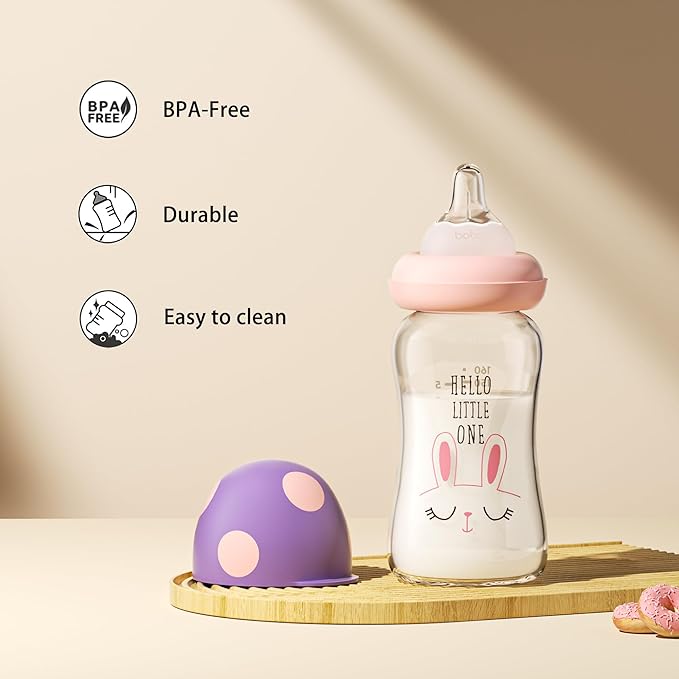 YOHKOH Natural Glass Baby Bottle with Natural Response Nipple, Newborn Anti-Colic Baby Bottles, Wide Neck Mushroom Cap Baby Bottle, Clear ((5.4oz (Pack of 4), Purple)-BubblyBeeBaby
