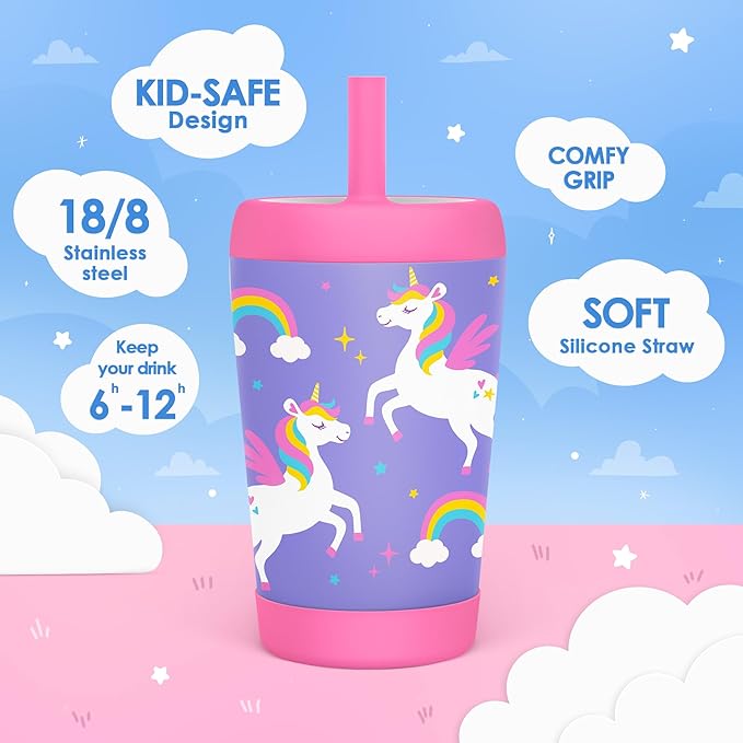 Kid Insulated Stainless Steel Tumbler with Silicone Straw, 12oz Sippy Cup for Kids (Unicorn)-BubblyBeeBaby