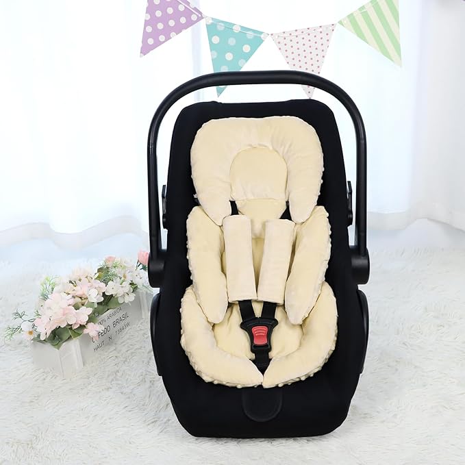 GFU Infant Car Seat Insert Head and Body Support, Reversible Newborn Insert for Carseat with Strap Pads, Soft Stroller Cushion Pillow Insert for Boys and Girls, Fits for Stroller, Swing, Beige-BubblyBeeBaby
