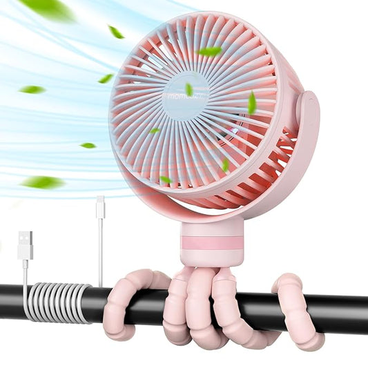 Momcozy Portable Stroller Fan, 8000mAh, 27H Ultra-long Battery Life, Detachable 4 Speed 360°Rotate, LED Night Light with 2 Modes, USB Rechargeable Handheld Cooling Fan for Travel, Car Seat, Bedroom-BubblyBeeBaby