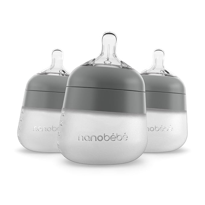Nanobebe Flexy Silicone Baby Bottle, Anti-Colic, Natural Feel, Non-Collapsing Nipple, Non-Tip Stable Base, Easy to Clean 3-Pack, Gray, 5 oz-BubblyBeeBaby