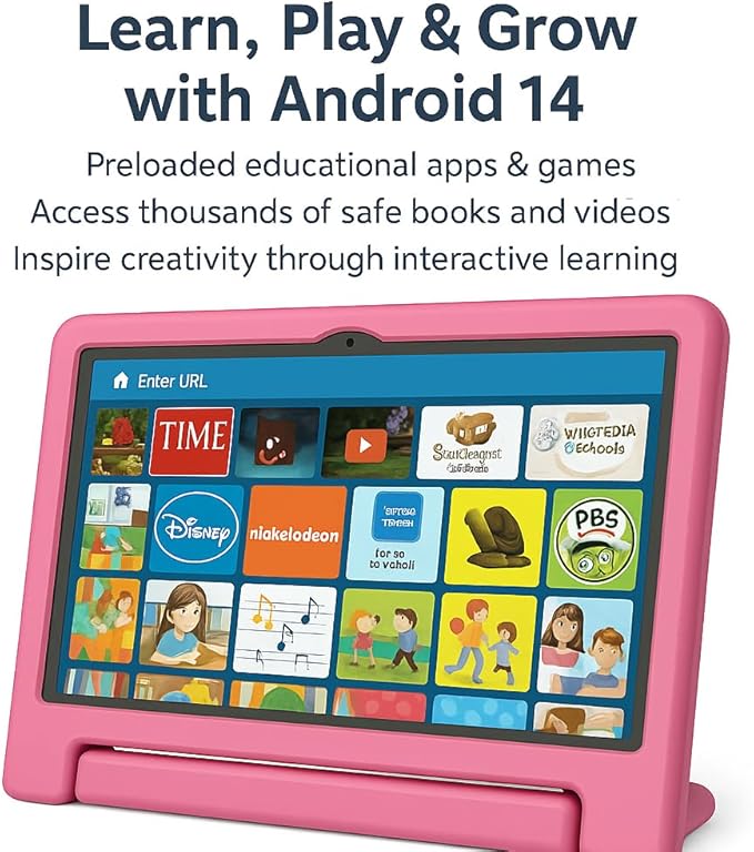 10.1" Kids Tablet Android 14 | 64GB Octa-Core 8GB RAM | Shockproof Case & Parental Control | 12H Fast Charge | HD Display w/Google Kids Space & Educational Apps | WiFi 6/Bluetooth/GPS | Ages 3-12-BubblyBeeBaby