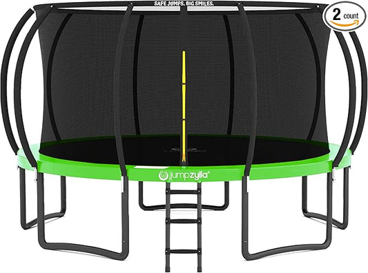 JUMPZYLLA Trampoline Outdoor 8FT 10FT 12FT 14FT 15FT 16FT with Enclosure and Ladder, ASTM Approved Recreational Trampoline for Kids and Adults, Anti-Rust Coated Frame-BubblyBeeBaby