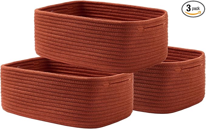 KALLAX Small Woven Basket, 13.5 x 9.5 x 5 Inches, Storage Basket for Organizing, Cute Small Rope Shelf Closet Cube Storage Bins Baskets for Shelves, Dog Toy Gift Baskets Empty, 3 Pack Rust Red-BubblyBeeBaby