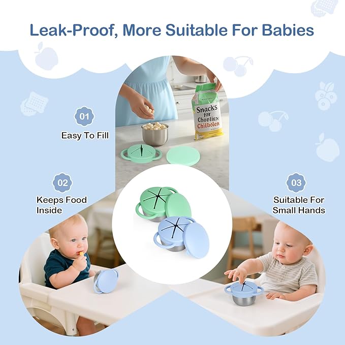 2 Pack Snack Cups for Toddlers Spill Proof - Detachable Stainless Steel Toddler Snack Cups with Silicone Lids & Handles - Dishwasher Safe Baby Snack Containers for Mess-Free Snacking (Blue and Green)-BubblyBeeBaby