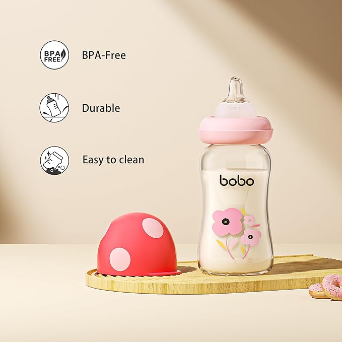 YOHKOH Natural Glass Baby Bottle with Natural Response Nipple, Newborn Anti-Colic Baby Bottles, Wide Neck Mushroom Cap Baby Bottle, Clear (Multicolour1, (5.4oz (Pack of 4))-BubblyBeeBaby